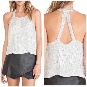 PARKER Justina Silk Silver Rhinestone Beaded Halter Tank Top